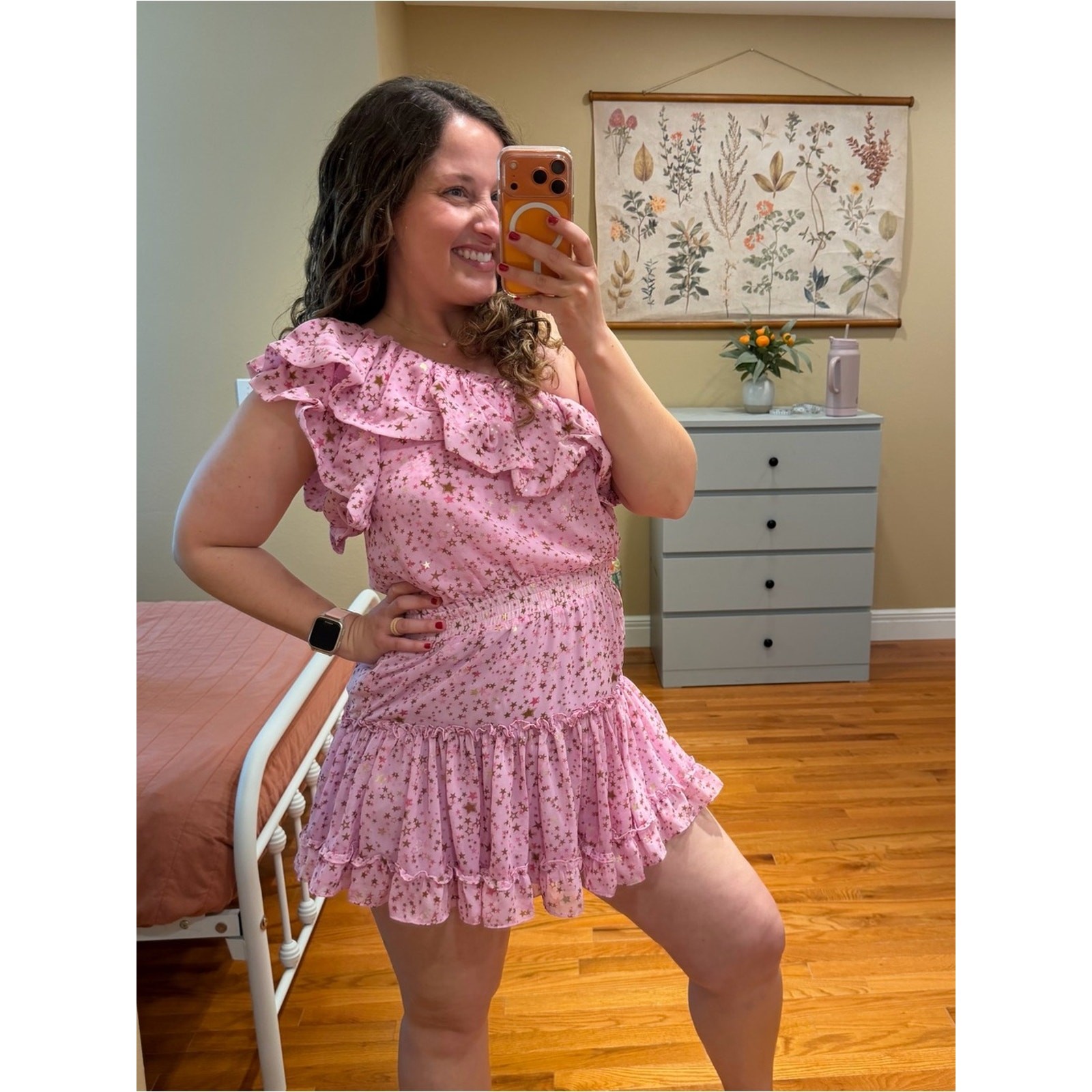 Buddy Love Pink Star-Print One-Shoulder Ruffle Mini Dress Small