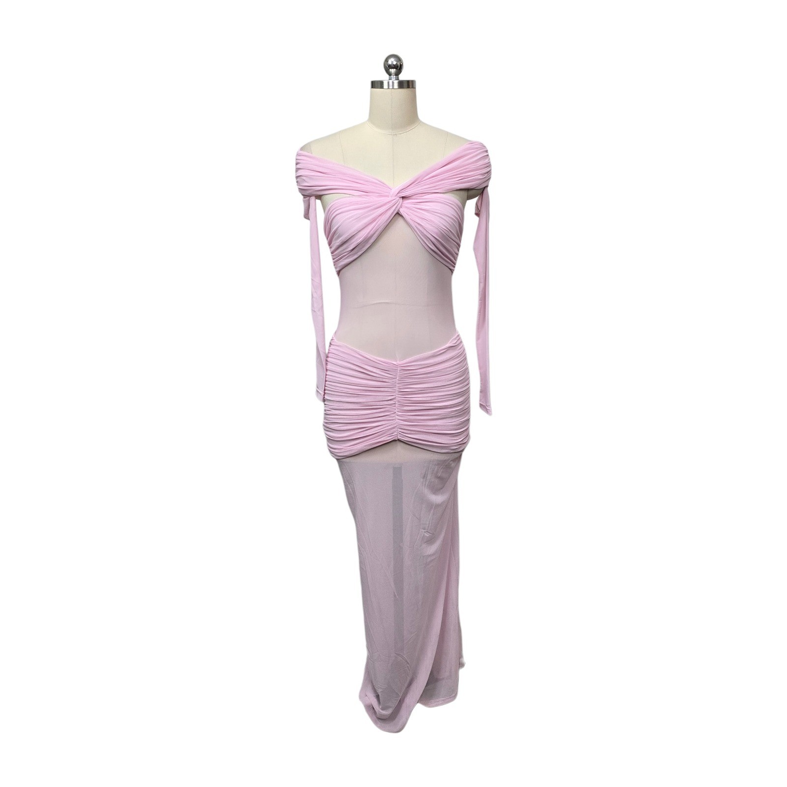 NWT Peppermayo Alter Ego Maxi Dress Pink Mesh Ruched Off Shoulder US Size 2