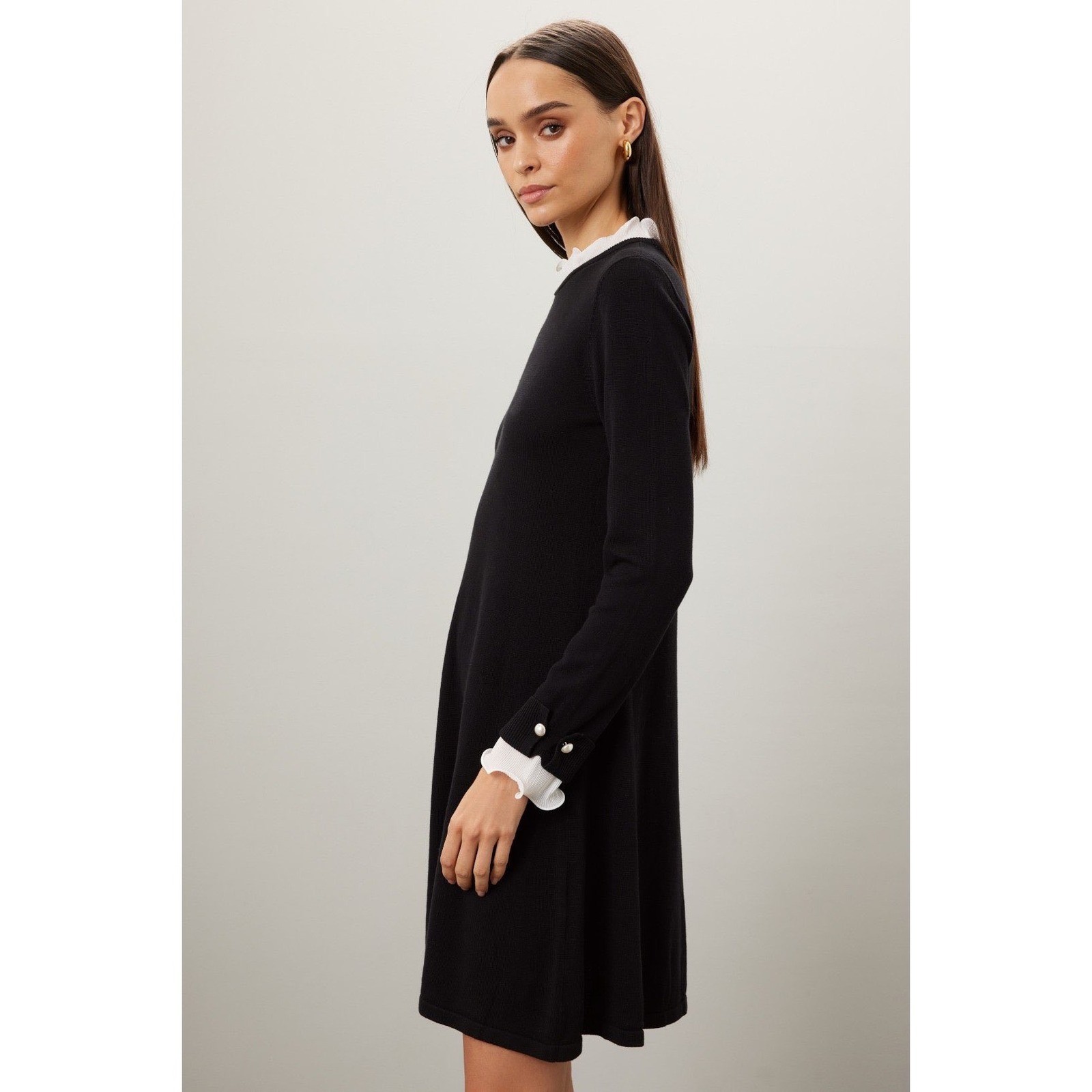 CeCe Black Knit Dress NWT Ruffle Collar Pearl Cuff Old Money Chic Minimalist