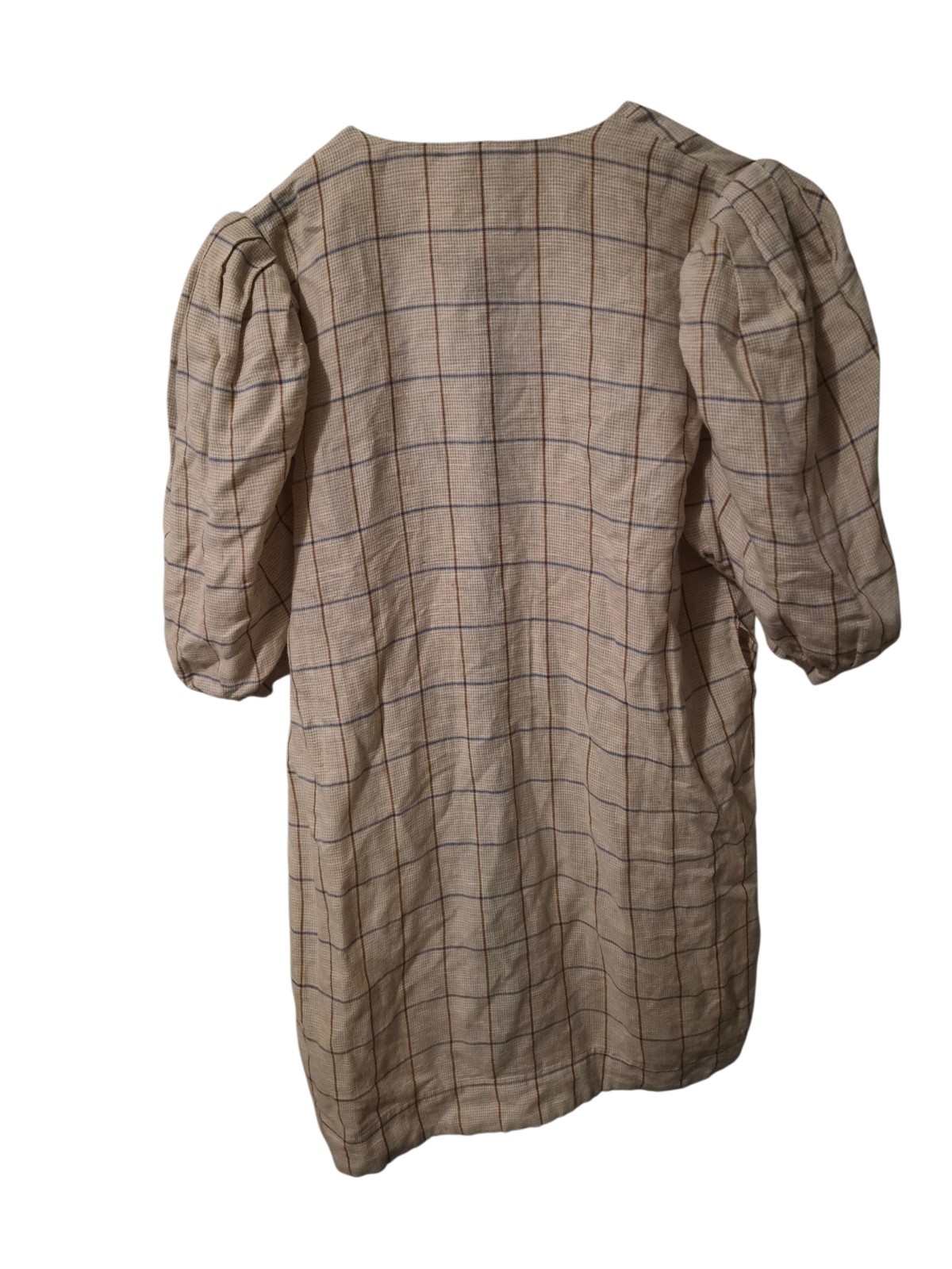 Hunter Bell Mini Plaid Dress M Linen Blend Wrap Puff Sleeve Neutral Preppy