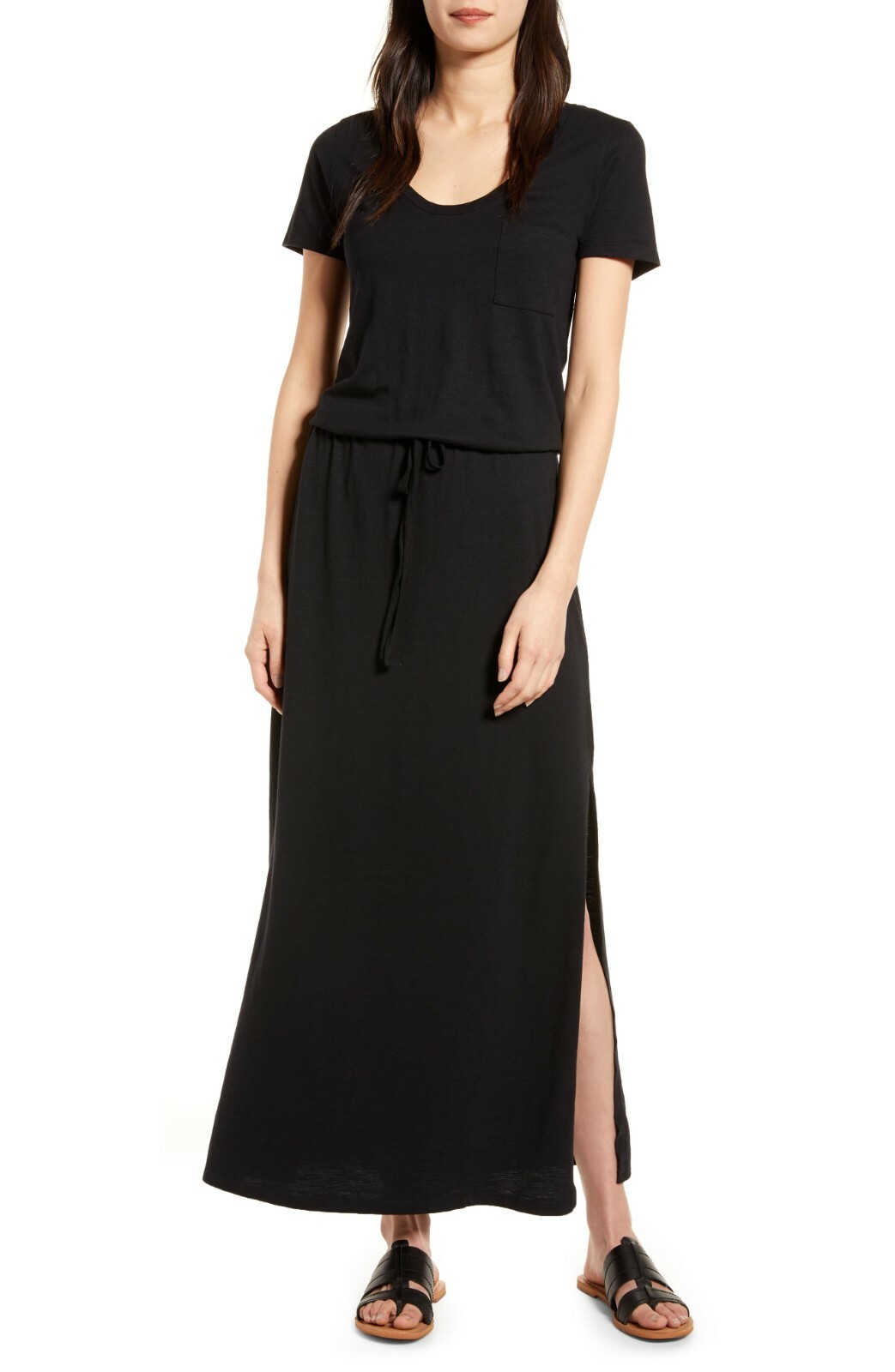 CASLON Nordstrom Black Cotton Modal Blouson Chest Pocket Slit Maxi Dress XS 0/2