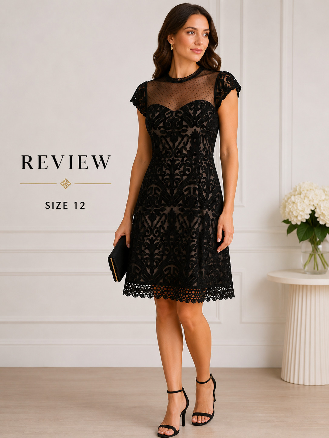 Review Black Lace Fit & Flare Knee Length Cap Sleeve Cocktail Dress Size 12