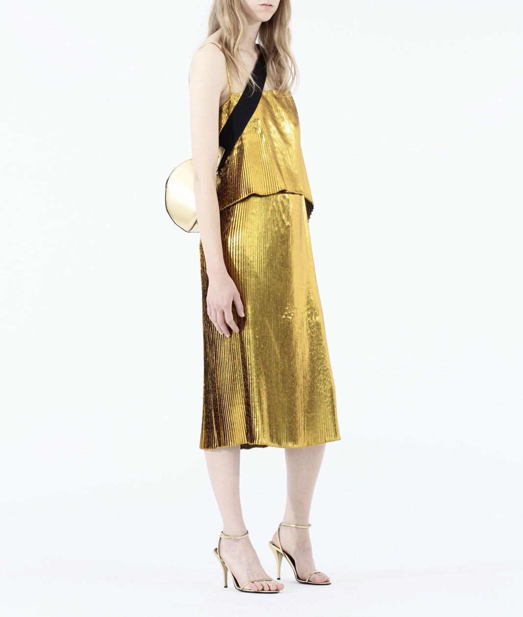 Cedric Charlier Gold Metallic Pleated Midi Dress NWT Size 40 US 6 SS 2018