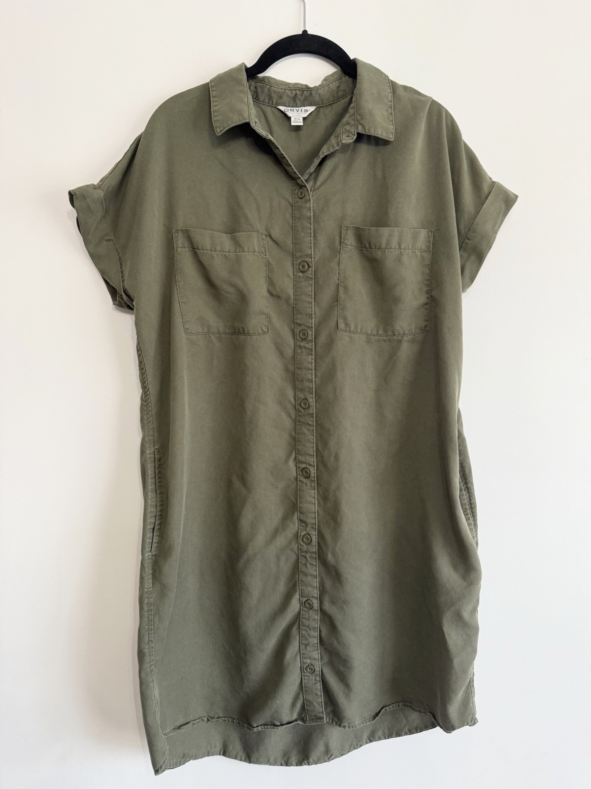 Orvis Olive Shirt Dress Cap Sleeve Button Front Pockets Knee Length M Lyocell