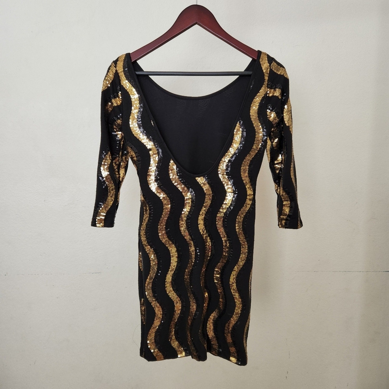 Foreign Exchange Black & Gold Sequin Bodycon Mini Dress – Size M – Retro Disco