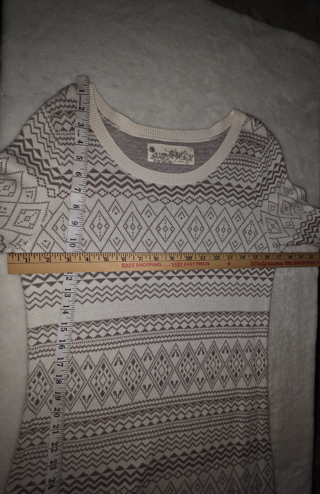Aventura Beige Patterned Long Sleeve Scoop Neck Knee Length Sweater Dress Size M