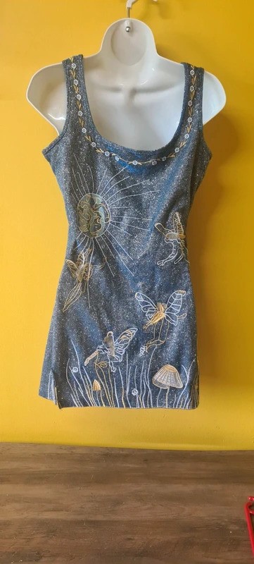 Womans size 10-12 whimsical Sun Fairy mini dress blue sparkly gold embroidery