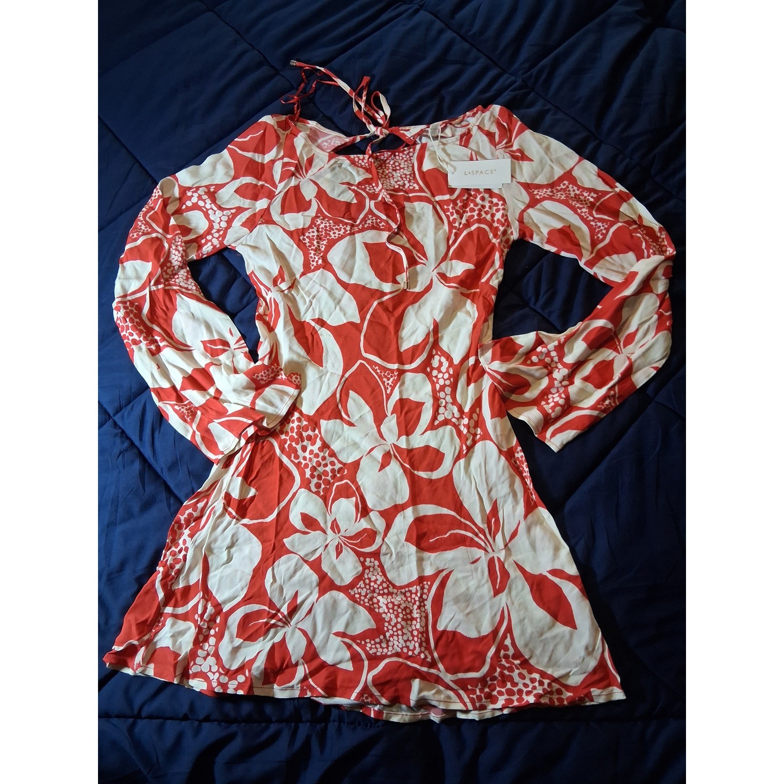 L*Space All I Need Mini Dress Hibiscus Bloom Red White Floral Long Sleeve Small