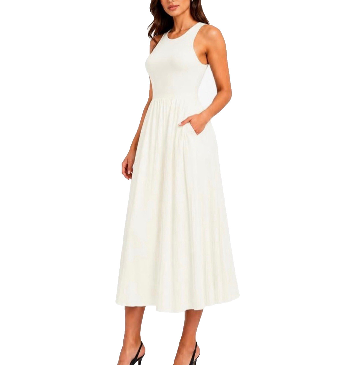 New DKNY Women’s Sleeveless Maxi Dress with Pleated Skirt Small S Ivory