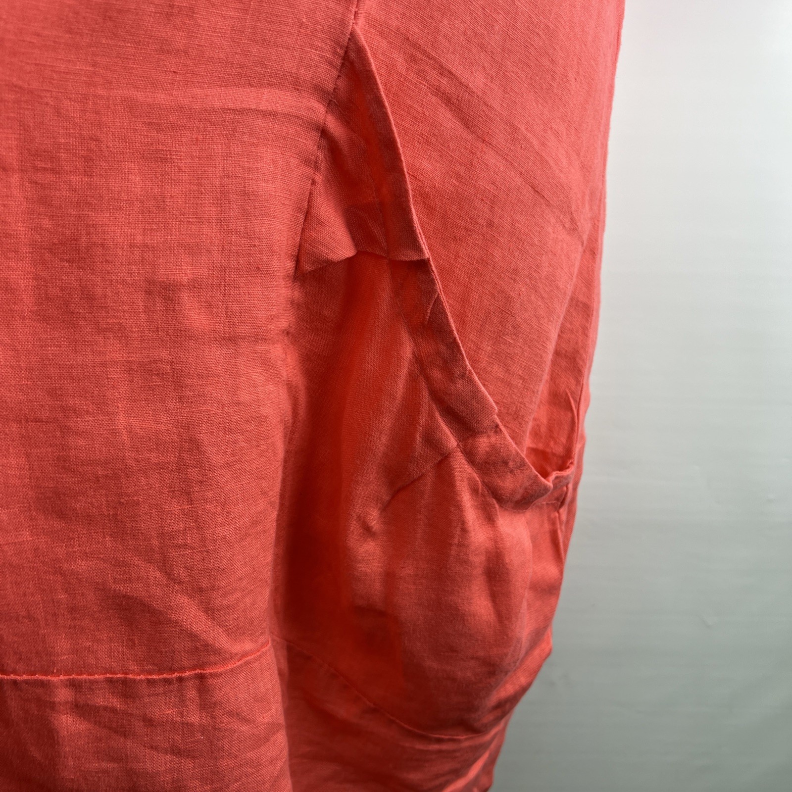 OSO Casuals L Melon Linen Short Roll Tab Sleeves Lagenlook Pockets Italy Dress