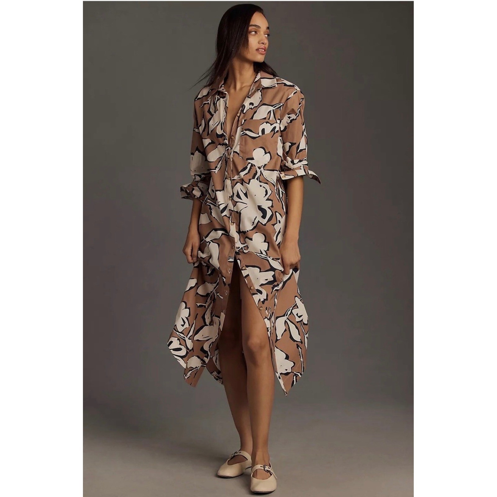 Maeve Anthropologie Floral Maxi Shirt Dress Tan Black White Button Front L