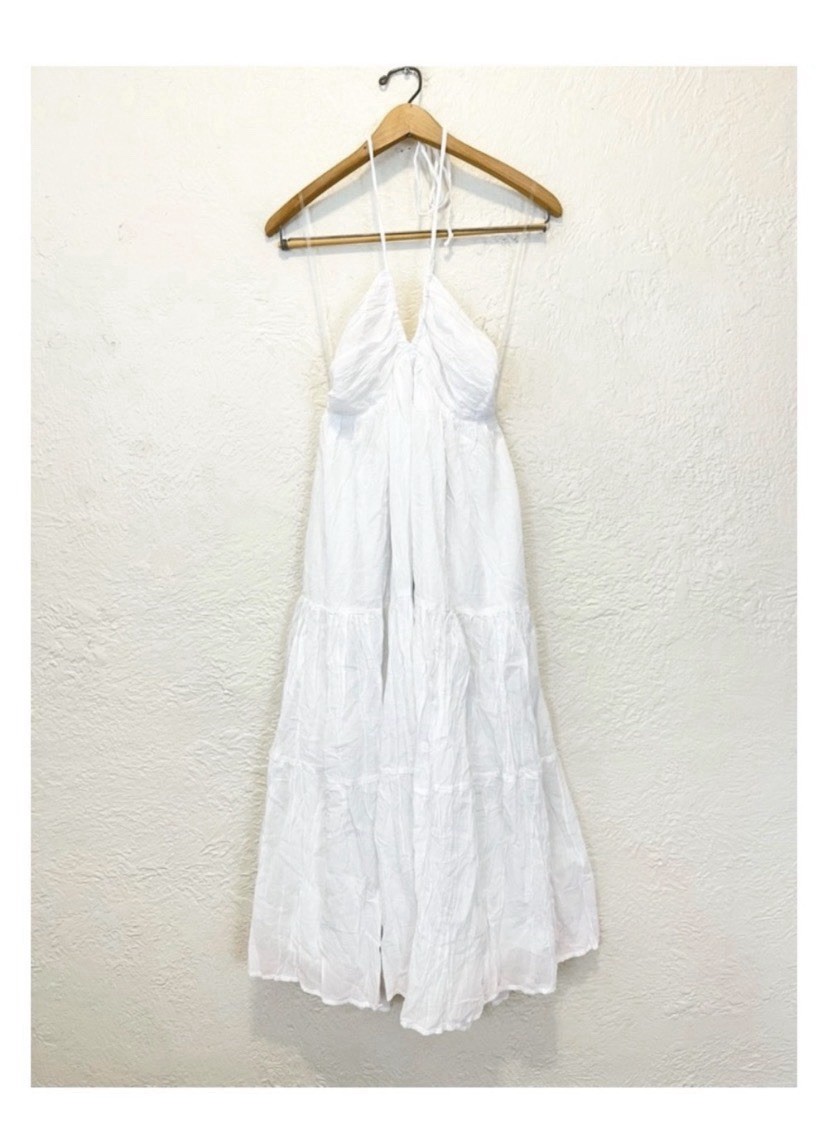 American Eagle White Tiered Midi Cut Out Back Halter Dress Size Small