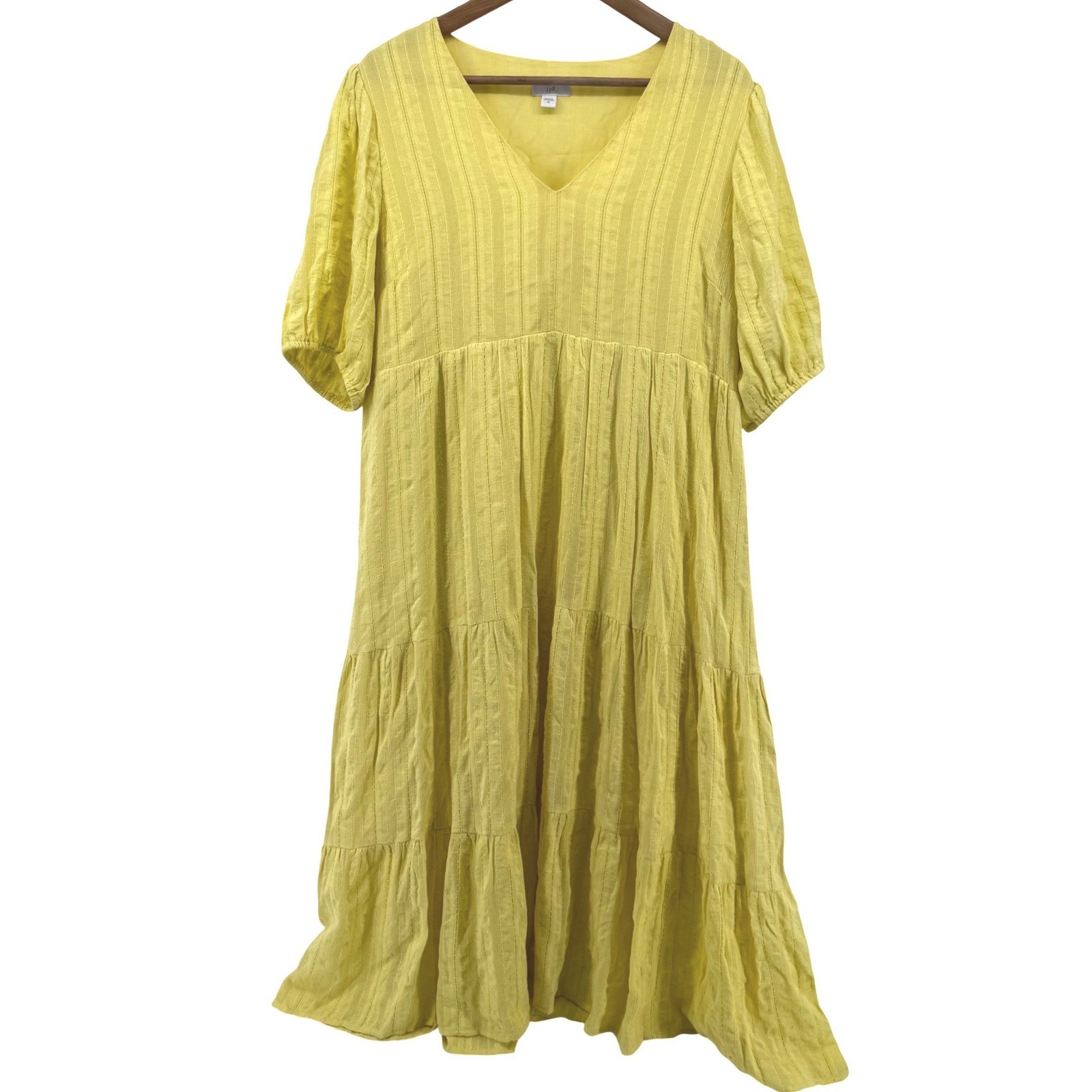 J. Jill Yellow Textured Stripe Tiered Midi Dress V-Neck Puff Sleeve Womens M