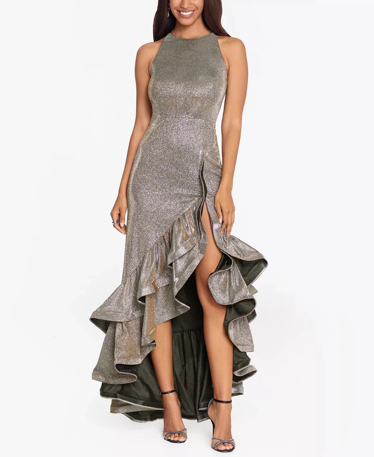 New $299 Betsy & Adam Jewel Sleeveless Galaxy Glitter Gown Black Copper Size 8