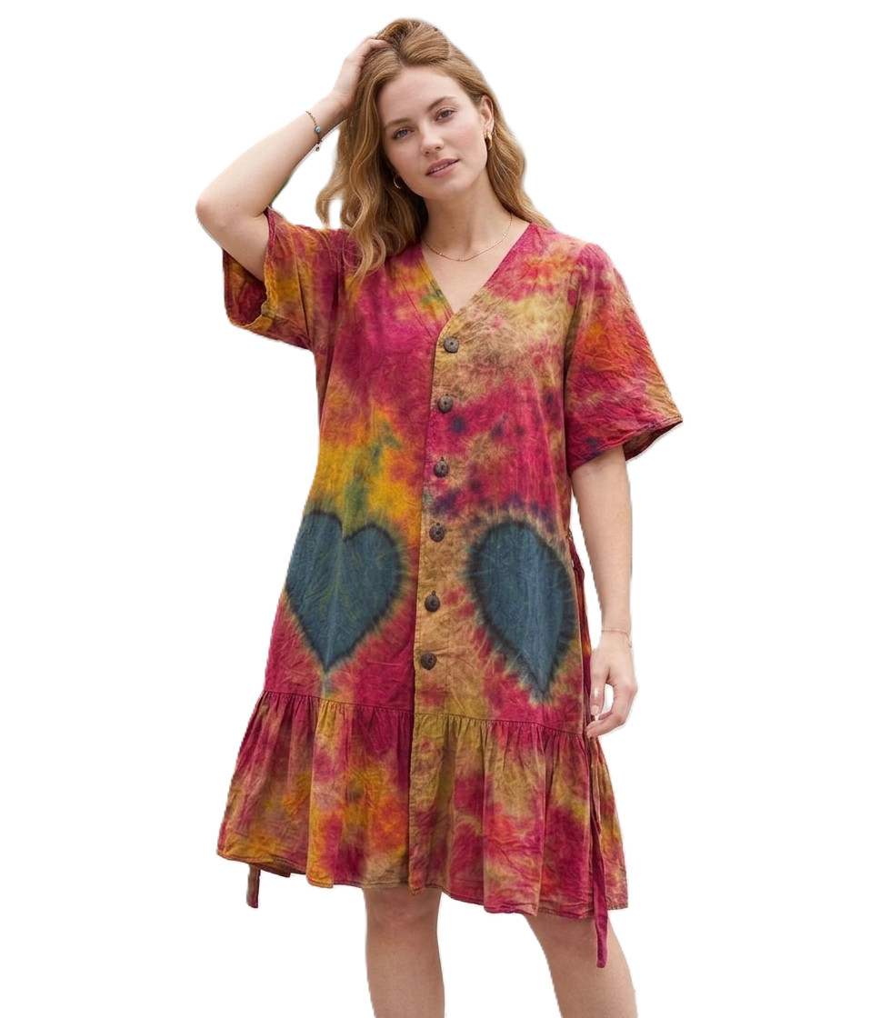 Boho Tie Dye Heart Tunic Dress Women Short Sleeve SideTie Cotton Mini Dress 8-14