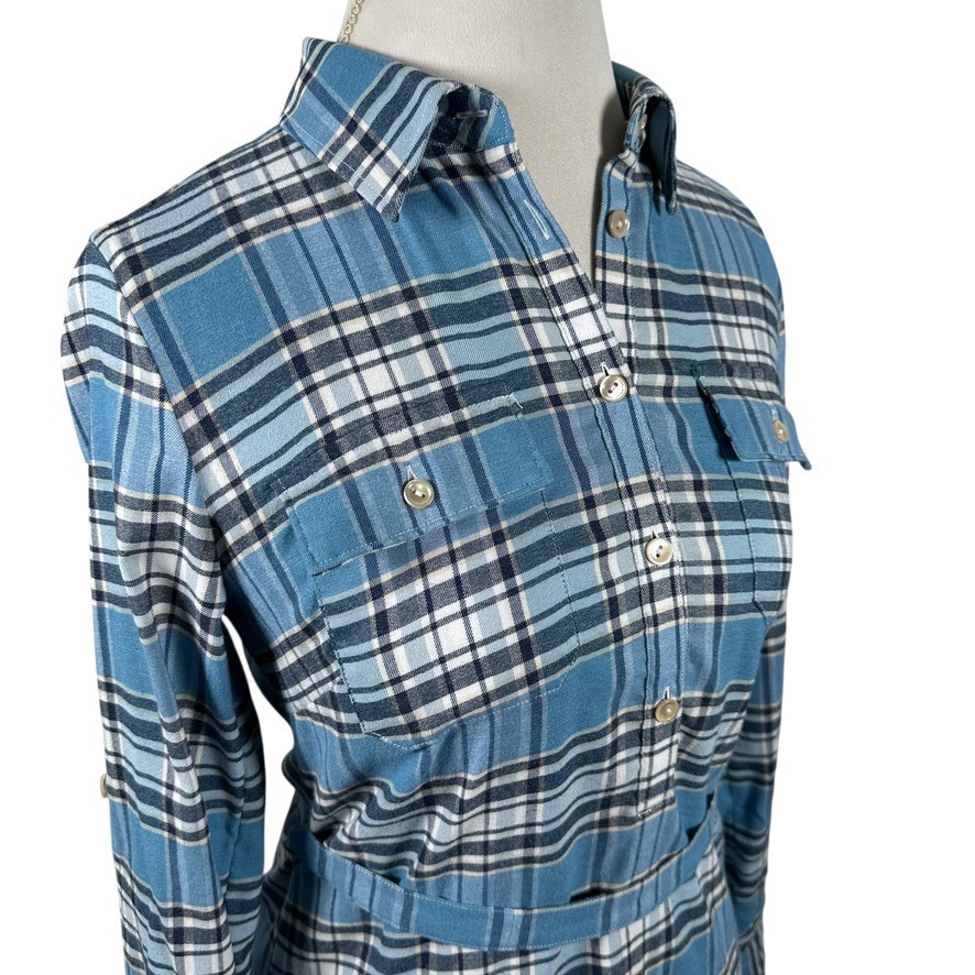 Peter Millar Blue Plaid Shirt Dress Flannel Belted Roll Tab Slvs Preppy Size S