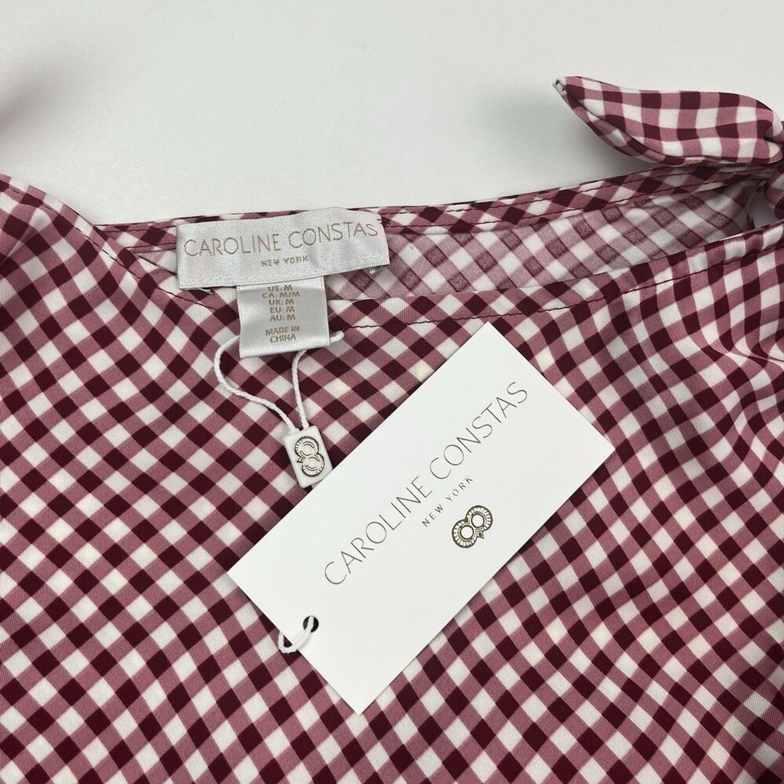 Caroline Constas Burgundy Gingham Maxi Dress M Tie Shoulder Bias Euro Summer NWT
