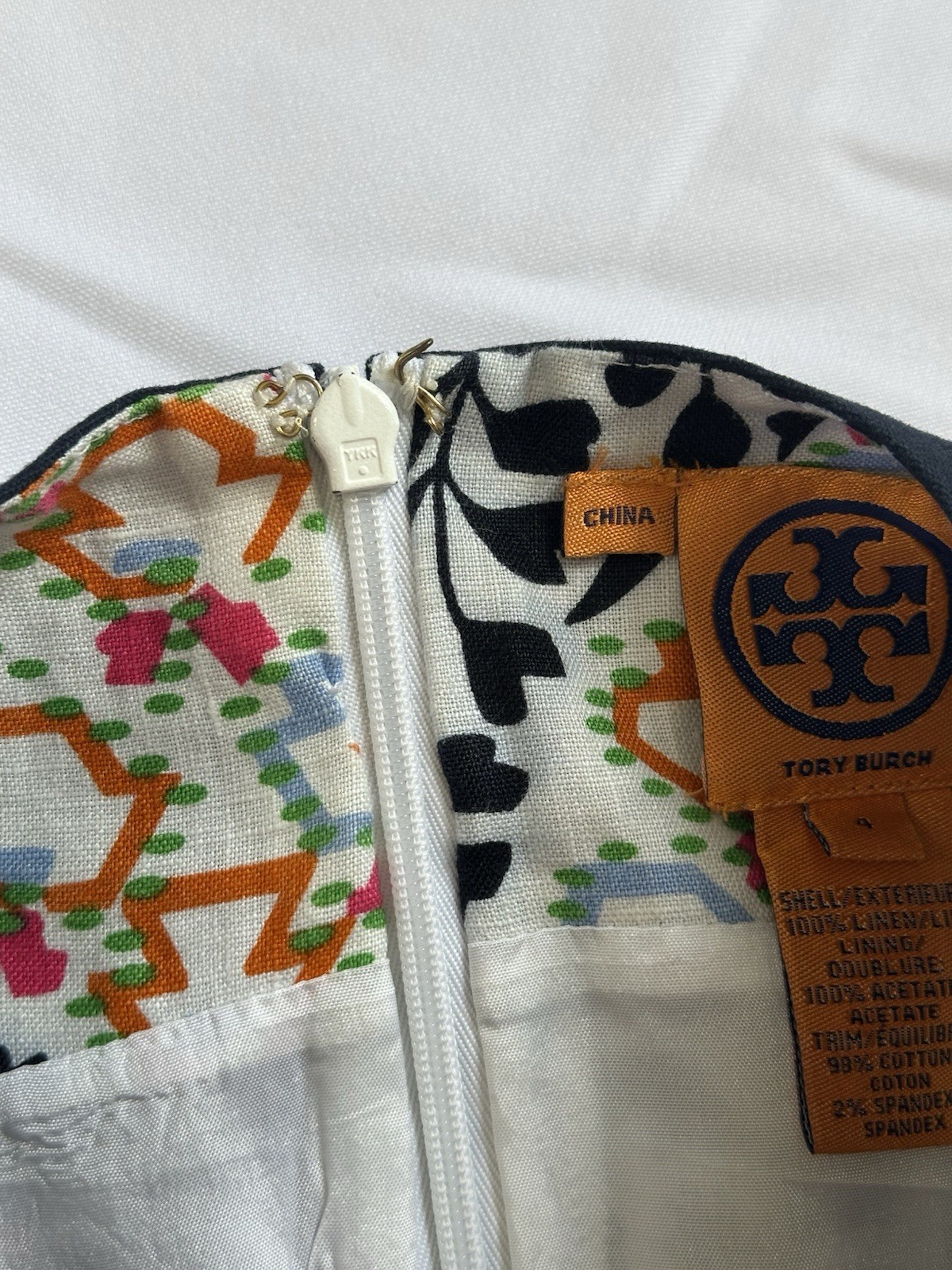 Tory Burch Melanie Printed Linen Shift Dress Navy Orange Floral Size 4 Excellent