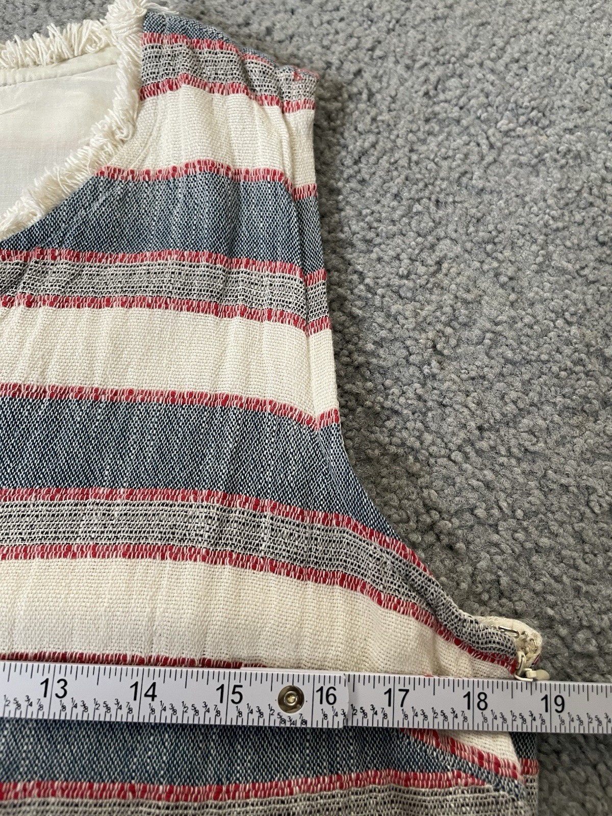 Chelsea & Theodore Striped Mini Dress Sz 12 Red Gray Fringed Hem Nautical Beach