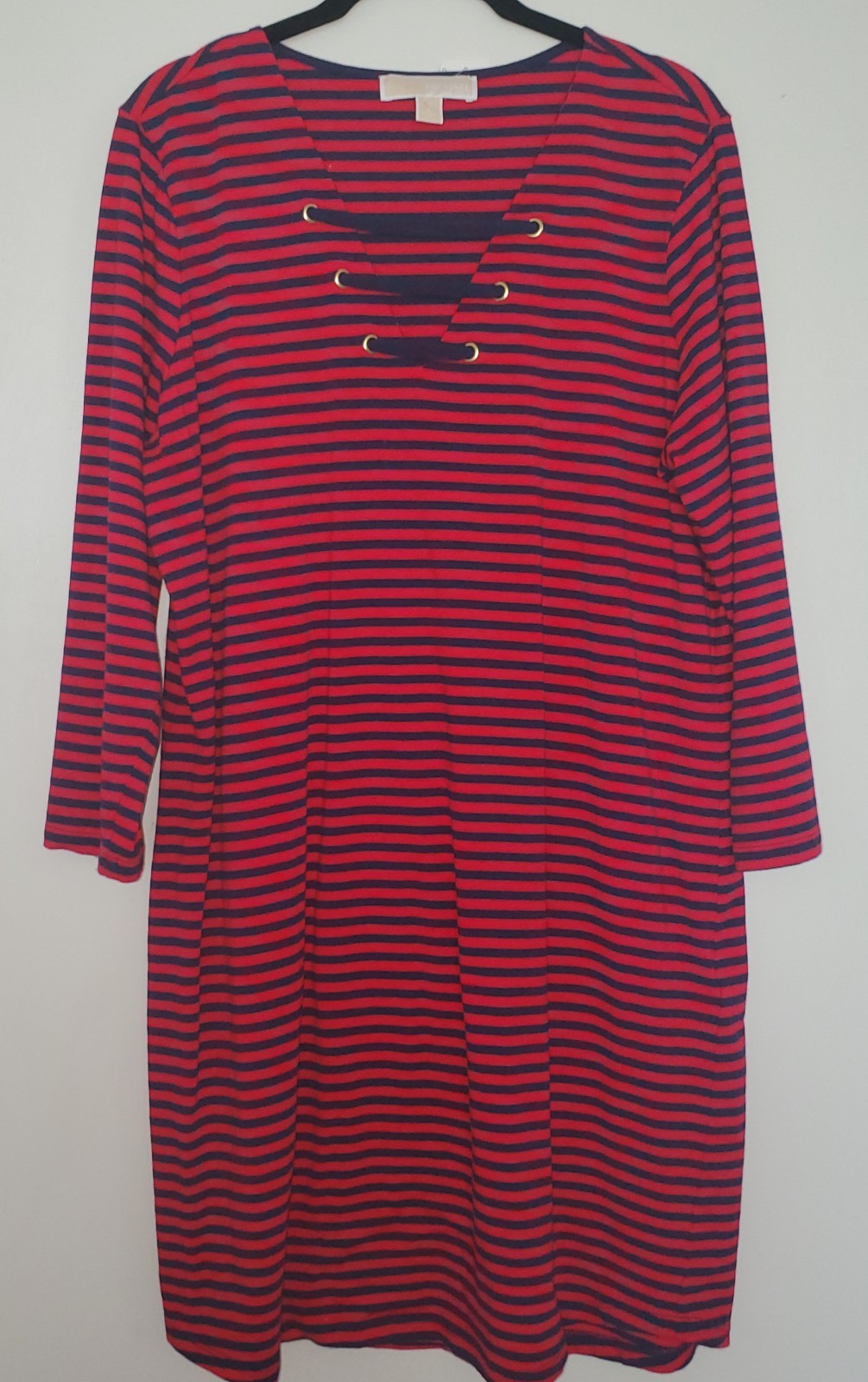 Michael Michael Kors Red Blue Striped Knit V-Neck Shift Knee Dress Size L