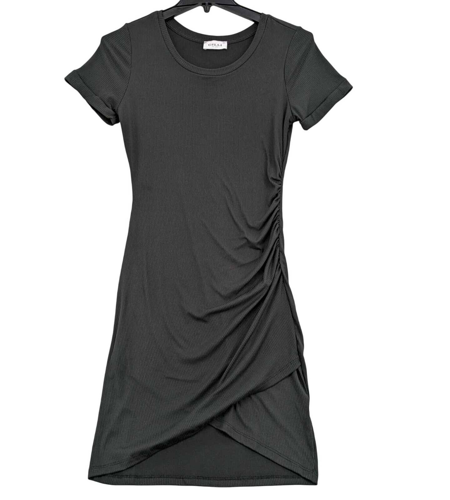 Ribbed Ruched Mini Dress Asymmetrical Wrap Bodycon Minimalist USA Casual Small