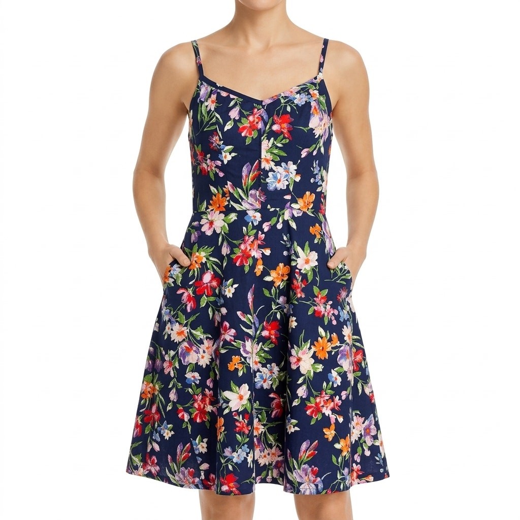 Navy Blue Floral Spaghetti Strap Fit and Flare Dress Built In Bra Pockets size M