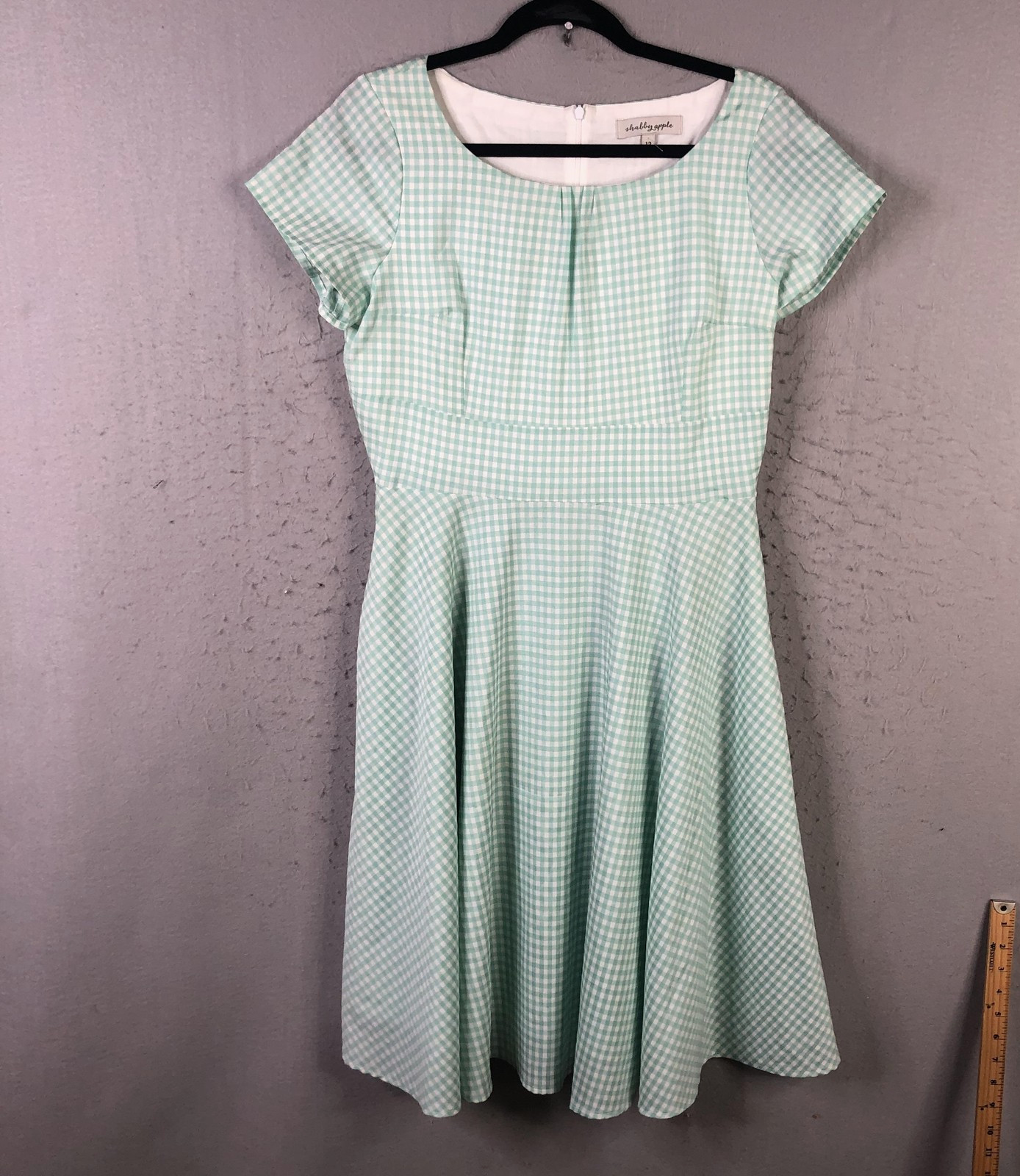 Preppy Dress Womens 12 Green Gingham Fit Flare Short Sleeve Midi Modest