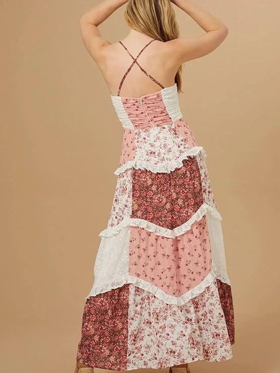 ebossy Lace Patchwork Floral Maxi Dress Spaghetti Strap Backless -NEW with tags