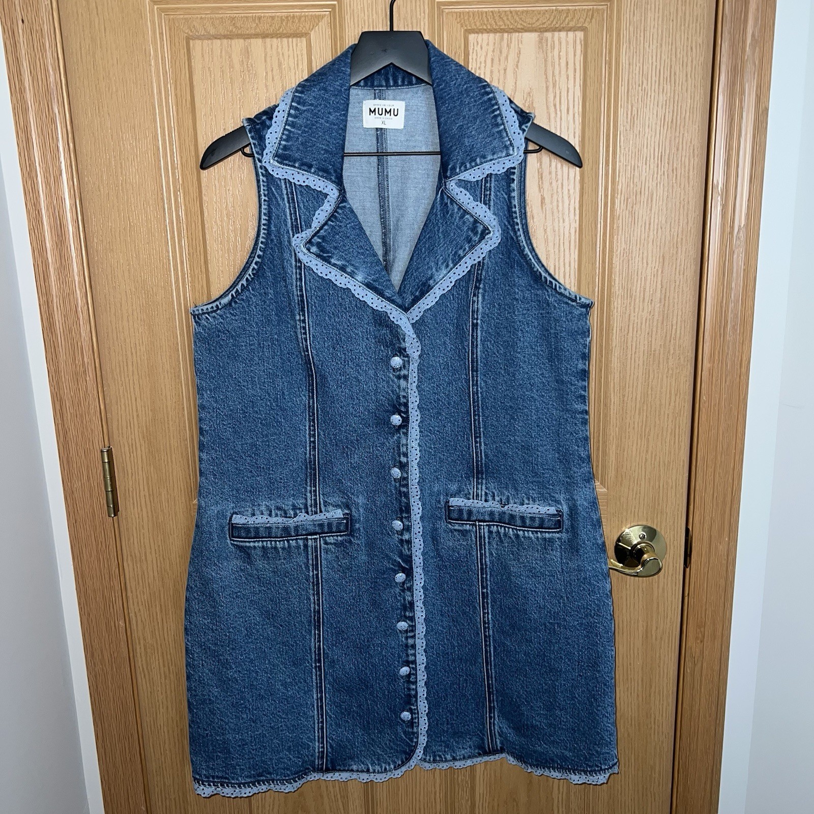 Show Me Your Mumu Blue Denim Collared Button Front Pocket Mini Shirt Dress XL