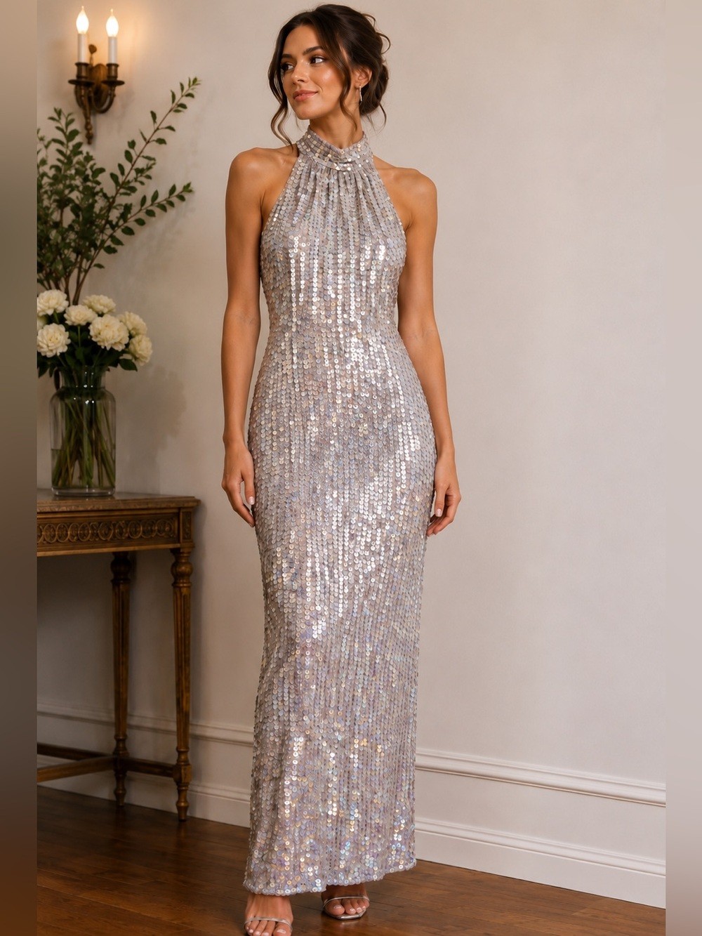 Vintage Papell Boutique Evening Silver Sequin Halter Gown Size 4 Formal Dress