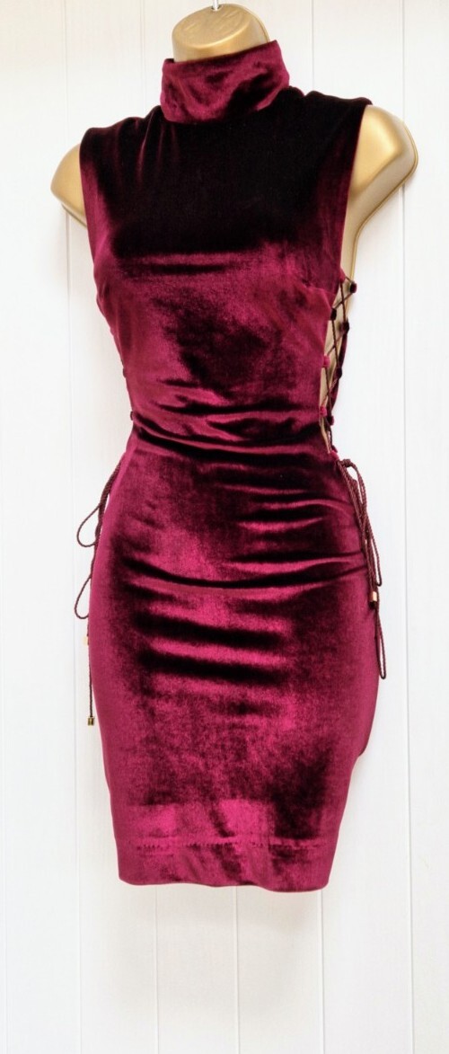 HOUSE OF CB Sukina Mulberry Velvet High Neck Laced Mini Evening Dress S UK 8 10