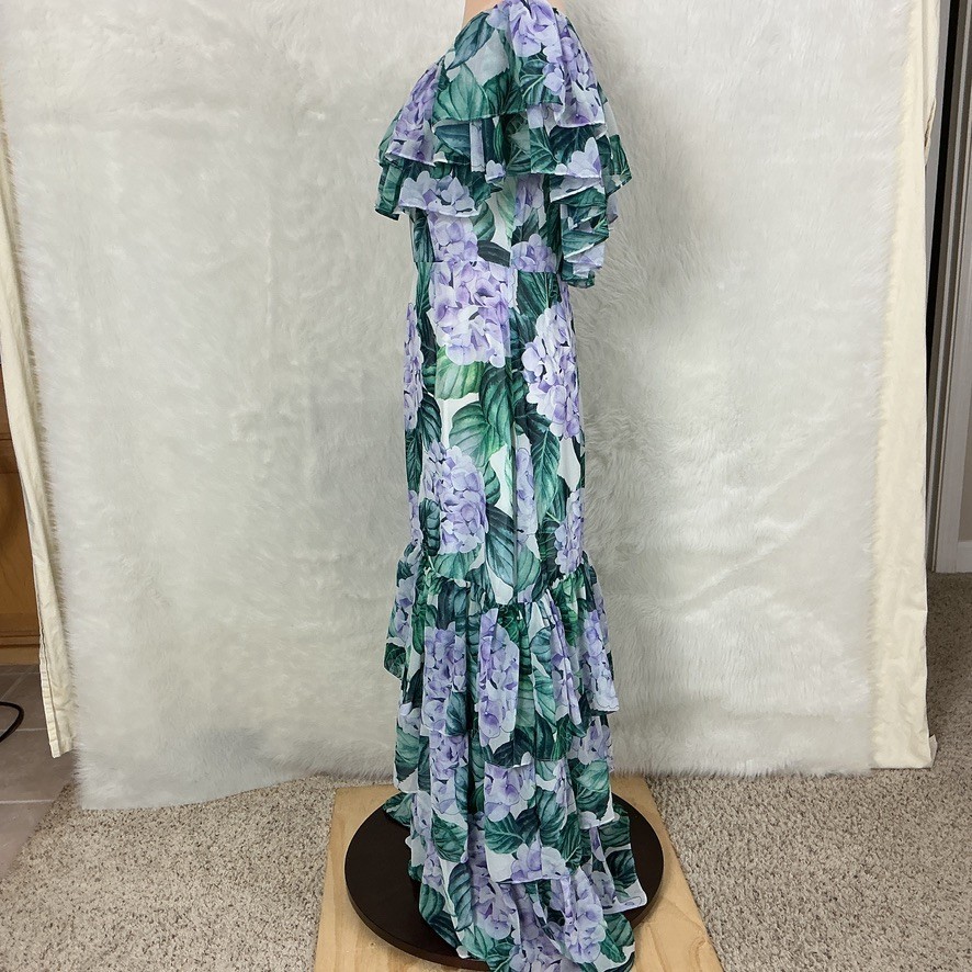 Alexia Admor Hydrangea Purple Green White Floral Ruffle Tiered Maxi Dress NWT 10