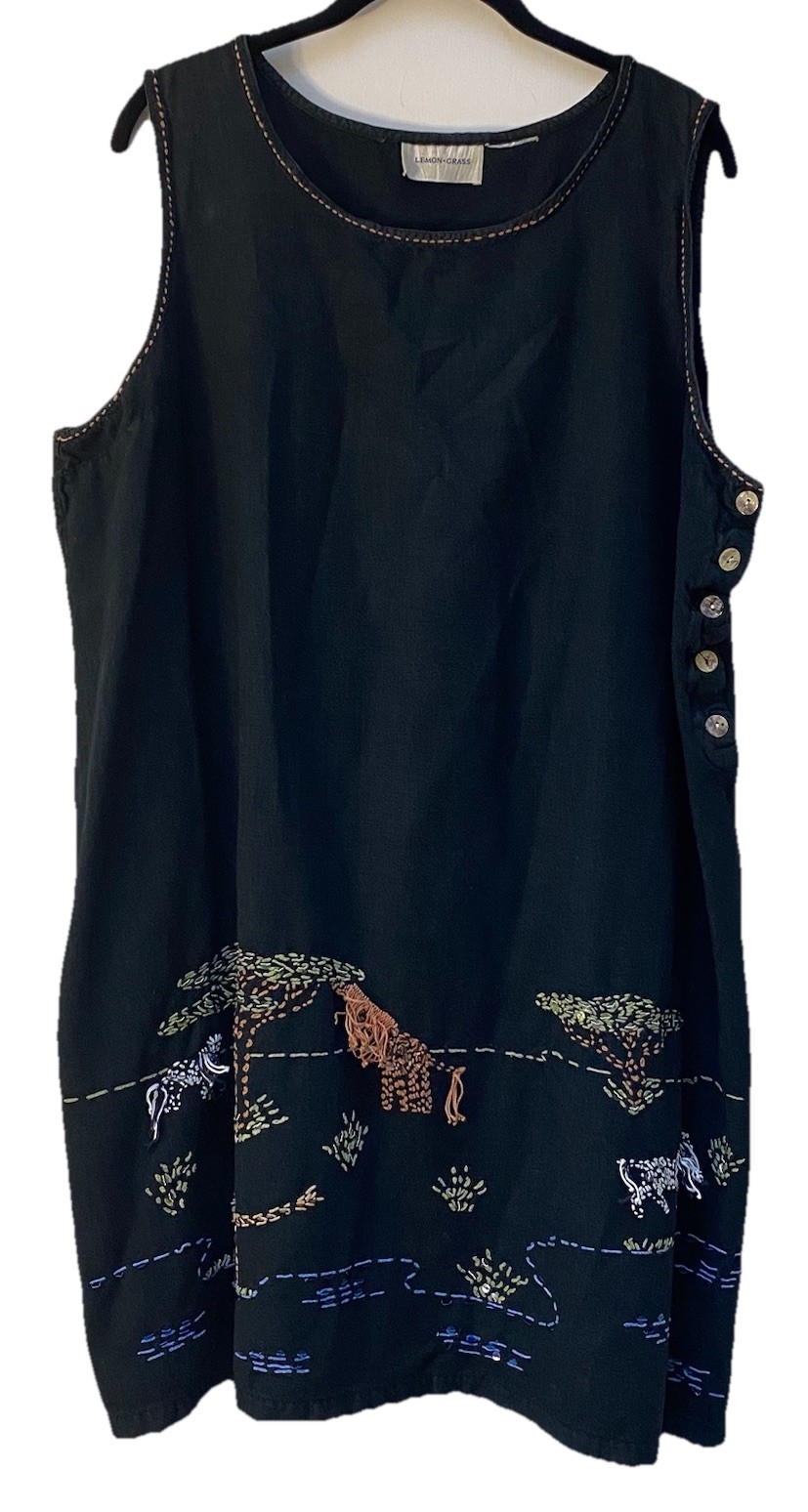 Lemon Grass Vintage Women’s XL Black Sleeveless Dress Embroidery Safari Animals