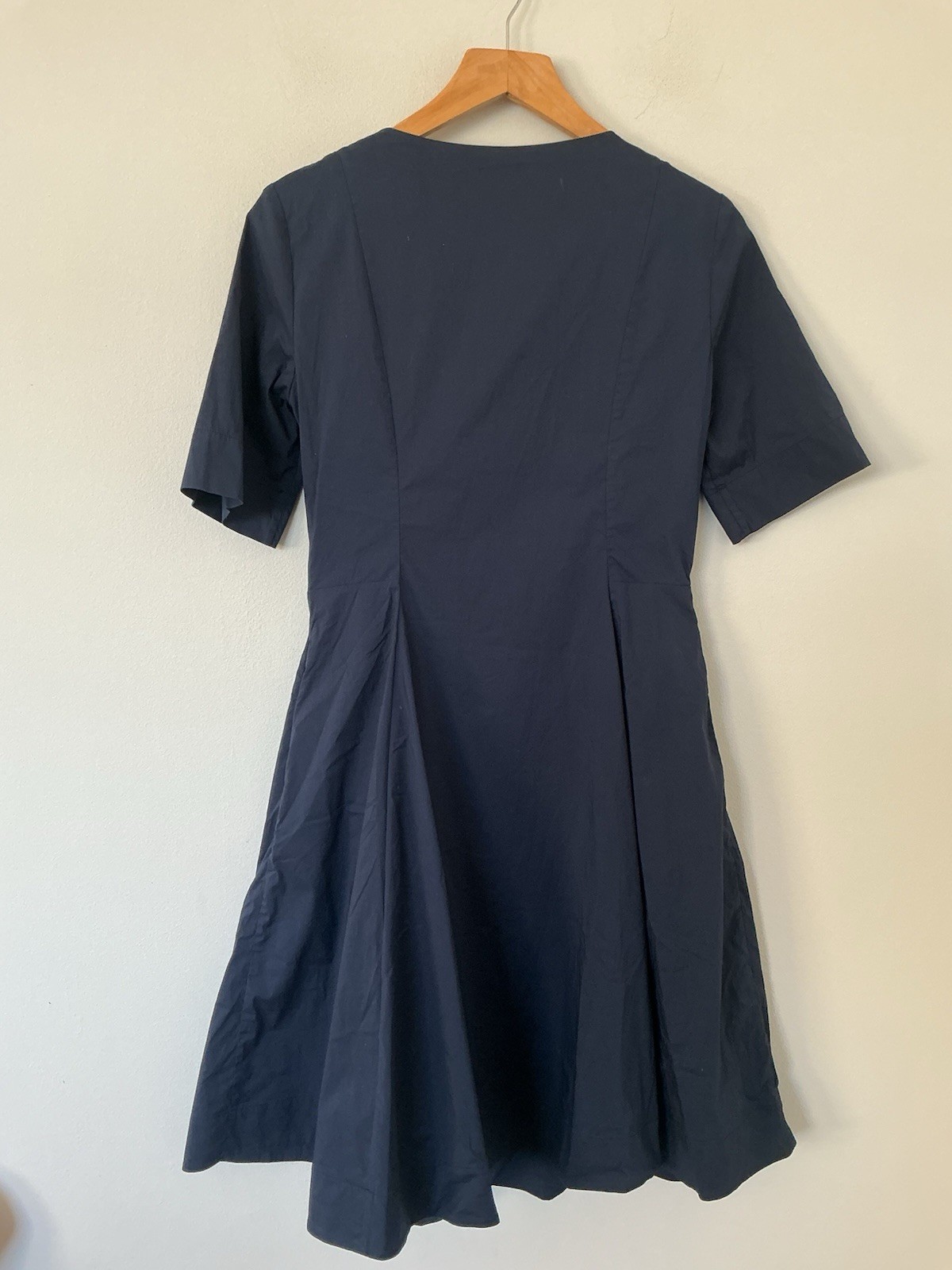 COS Size Small Navy Blue Cotton Mix Skater Dress Short Sleeves Pleated Flare