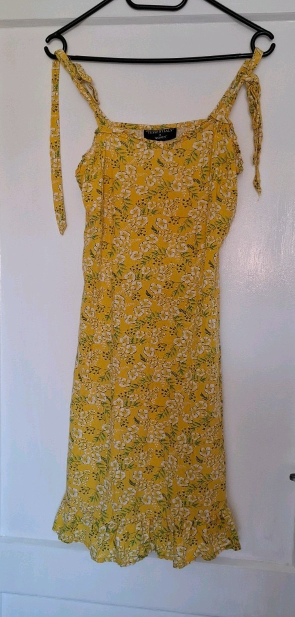 Essentials Women’s Strappy Midi Yellow Floral Dress, Size M, Sleeveless, Bow