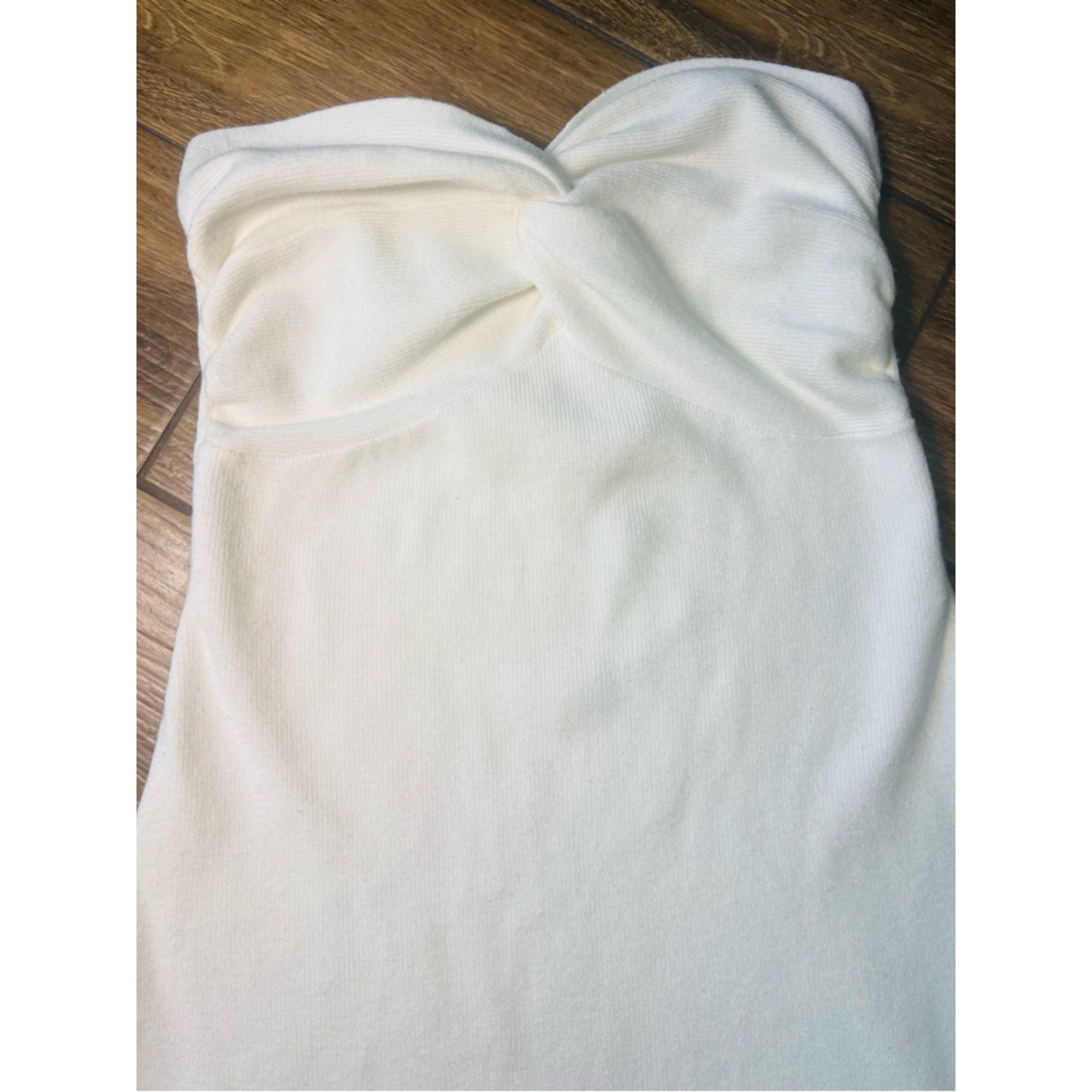 LILLUSORY Strapless Twist Front Midi Dress Cream Bodycon Size L