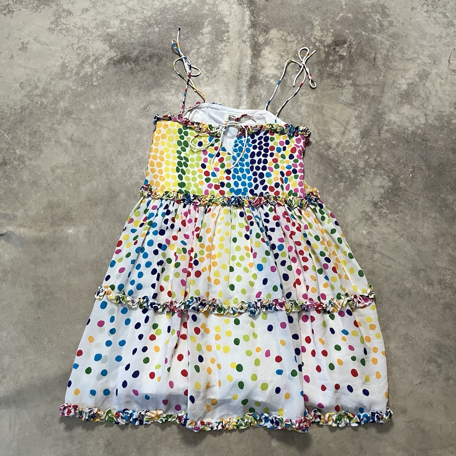 All Things Mochi Blessica Dress Womens Small Silk Rainbow Polka Dot Tiered Mini