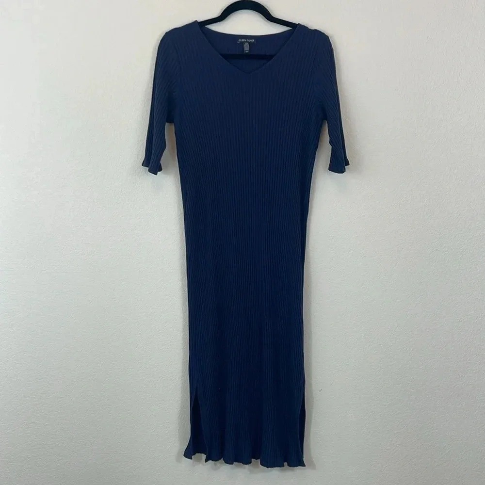 Eileen Fisher ribbed knit maxi dress dark blue size small