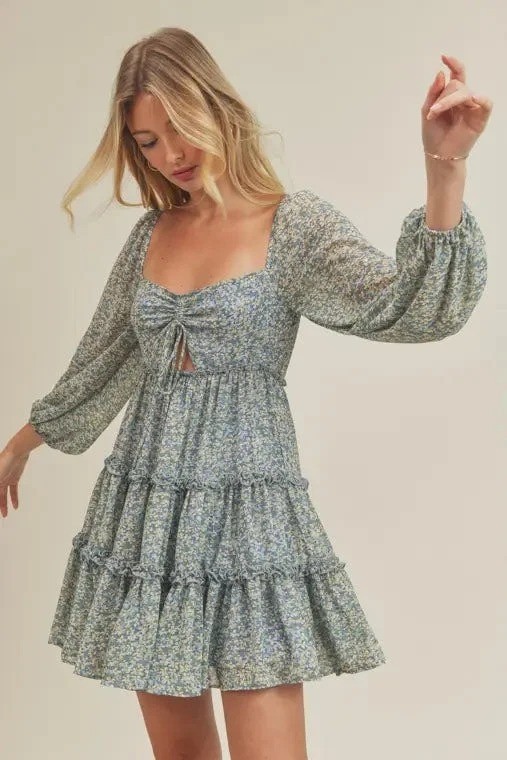 Lush Green Floral Print Chiffon Tiered Long Balloon Sleeve Cutout Mini Dress M