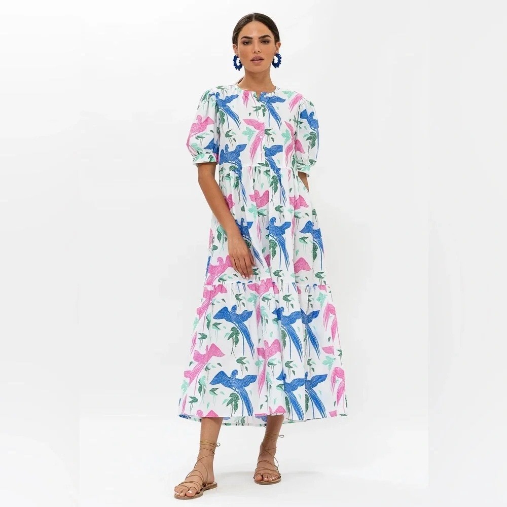 Oliphant Cotton Button Cuff Sleeve Maxi Dress Macaw Blue Pink M Vacation Summer