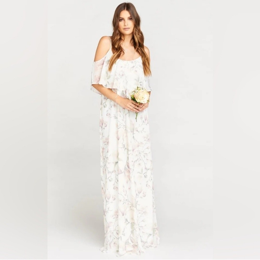 Show Me Your Mumu Caitlin Cold Shoulder Chiffon Gown In Forever Vine