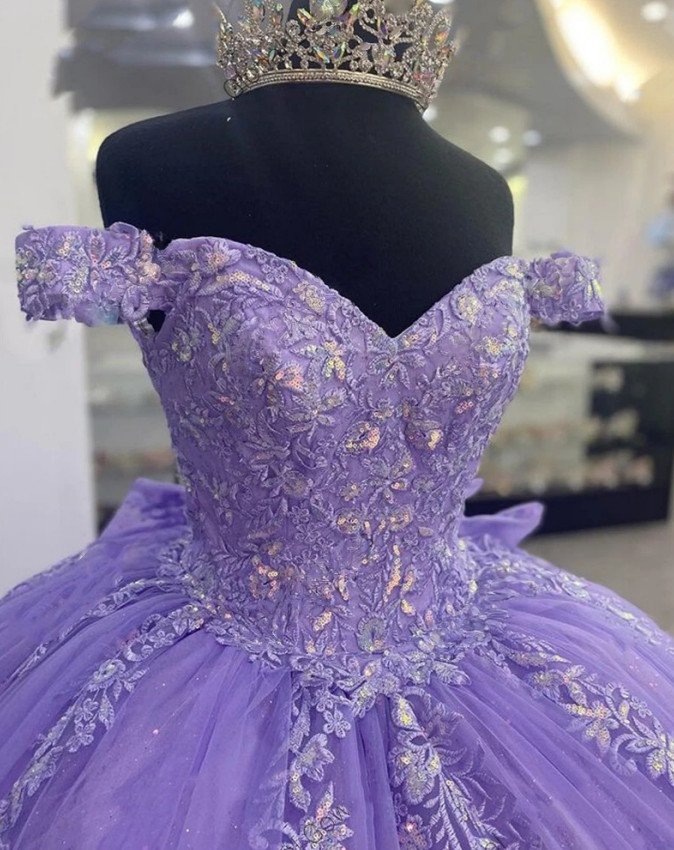 Purple Off Shoulder Lace Sweetheart Quinceanera Ball Gown Sweet 16 Dress