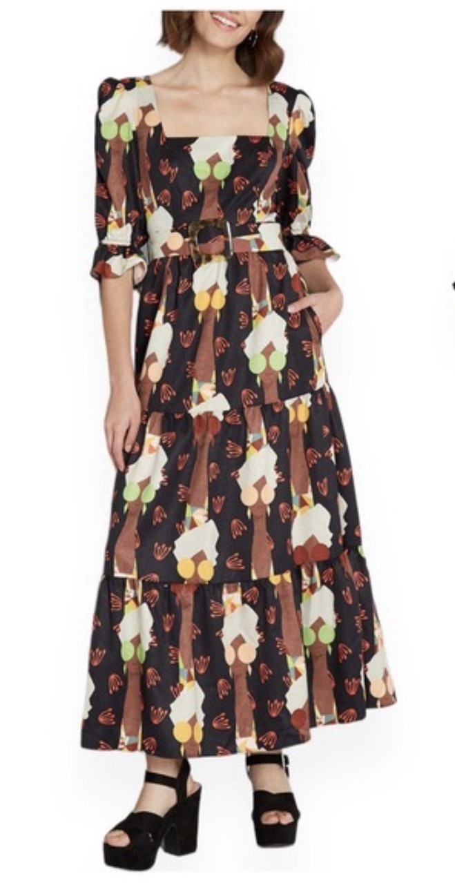 NWT Hutch X ModCloth Lets Go Boho Graphic Print Tiered Belted Maxi Dress Size 0