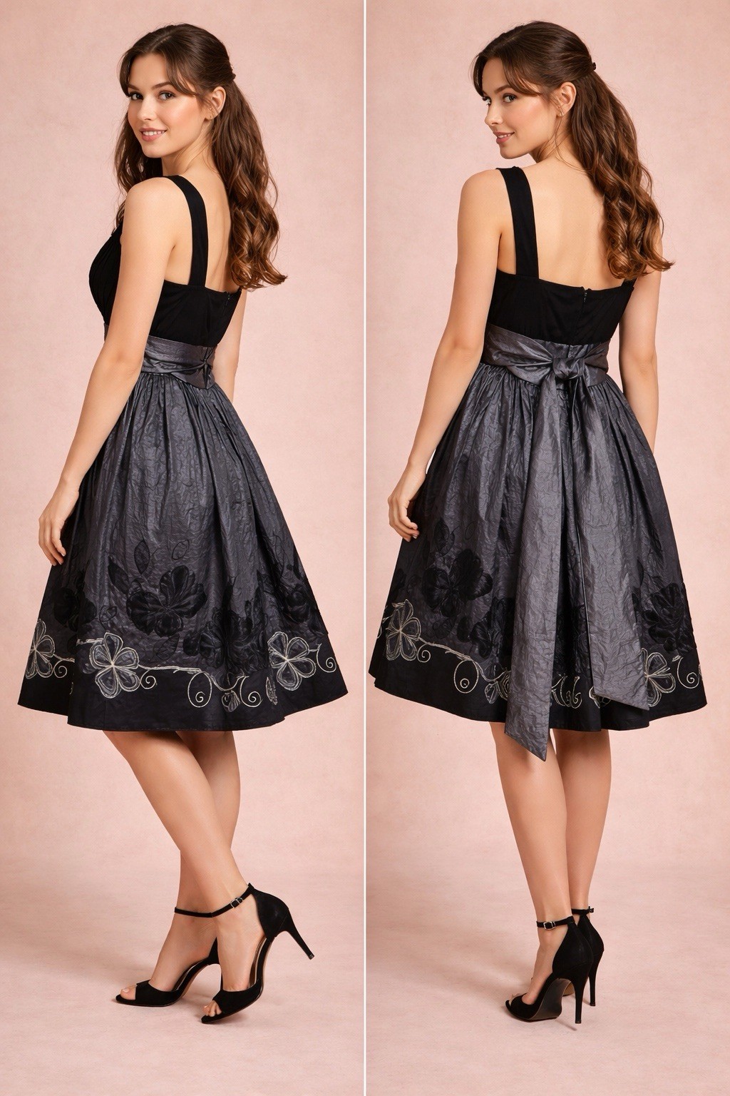 Jodi Kristopher Black/Gray Satin Empire Waist Dress Embroidered Juniors Sz 11/12