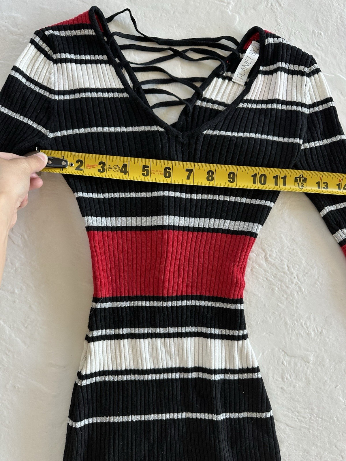 Planet Gold Black, White, Silver, and Red Horizontal Stripes Bodycon Dress
