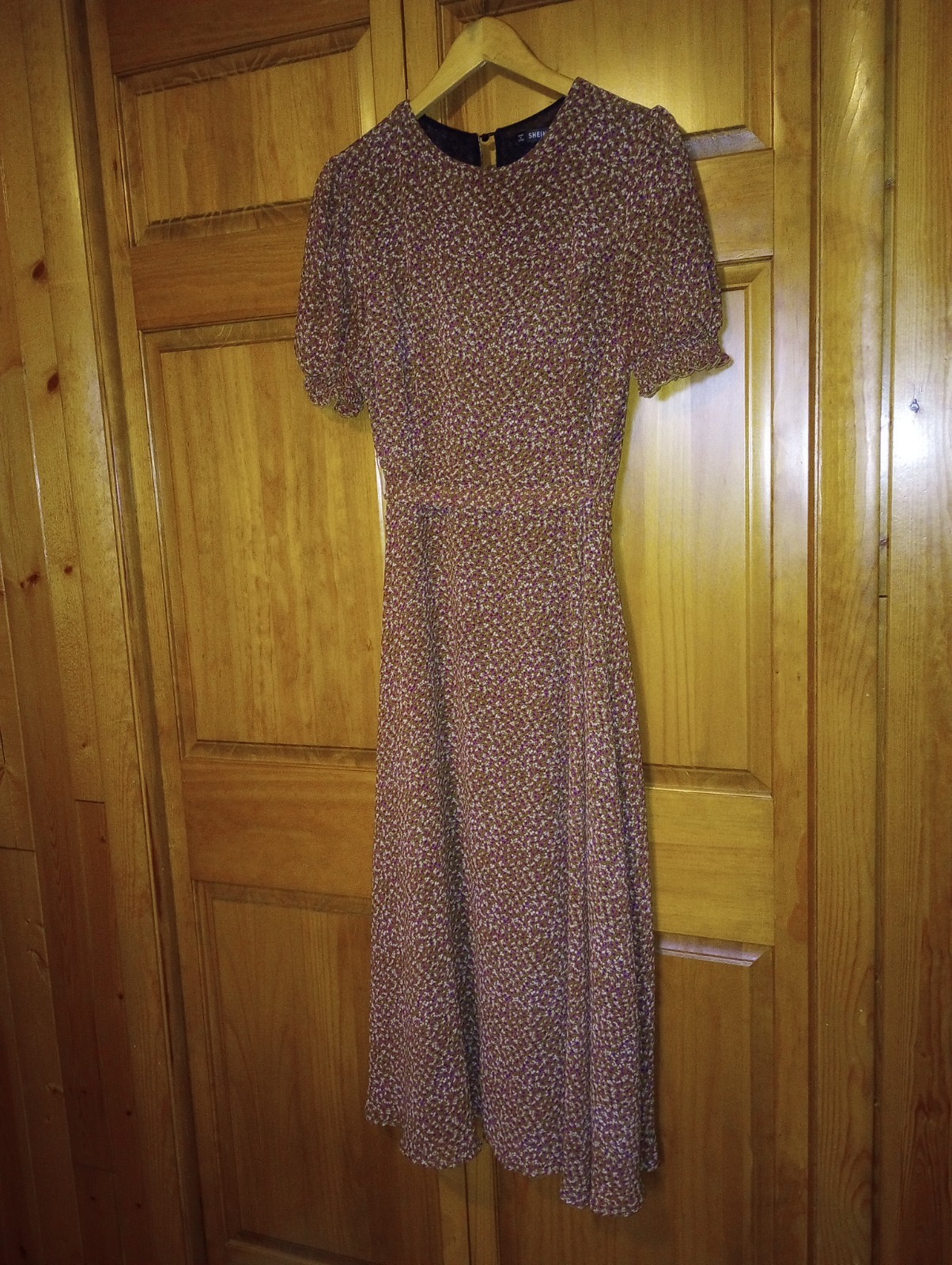 Calico Prairie Dress Brown Sz Large Boho Midi puff sleeve lined belt zip keyhole