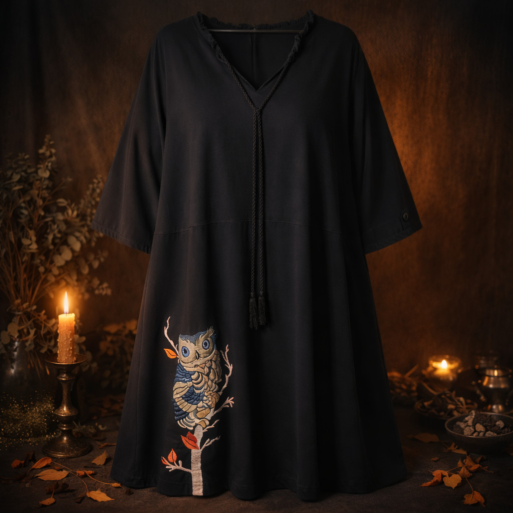 eShakti 6X Owl Embroidered Cotton/Spandex Dress Black Witchy Gothic Pockets 36W