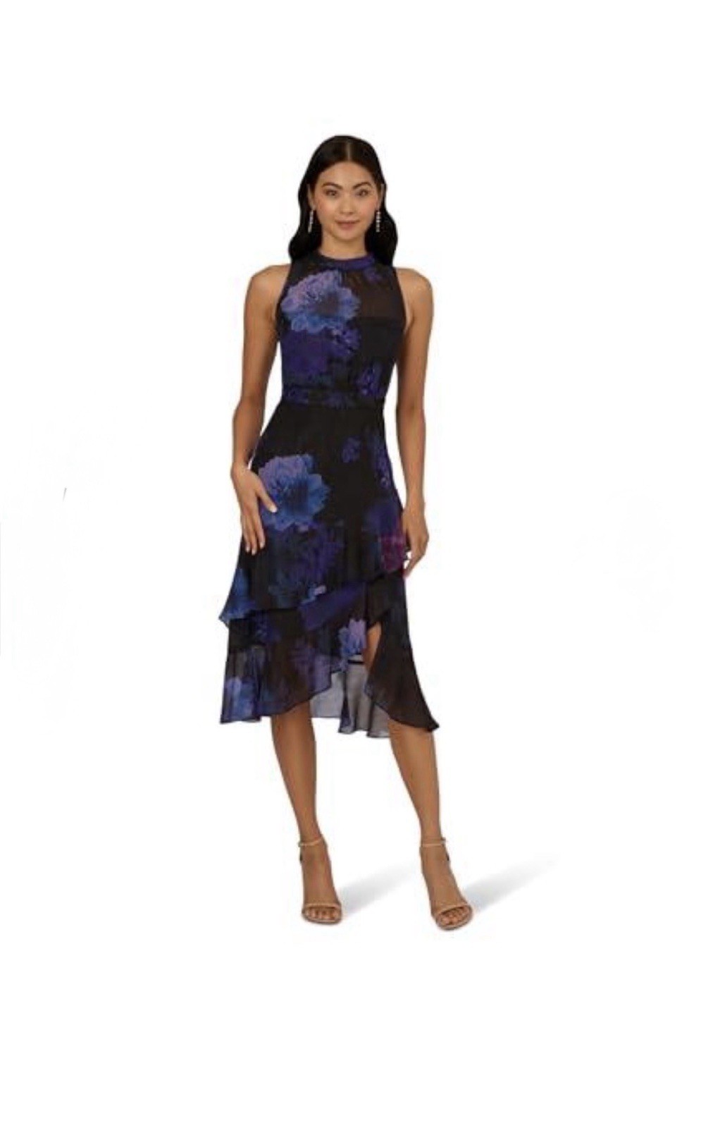 NWT Adrianna Papell Floral Glitter Halter Midi Dress Ruffle Hem Size 10