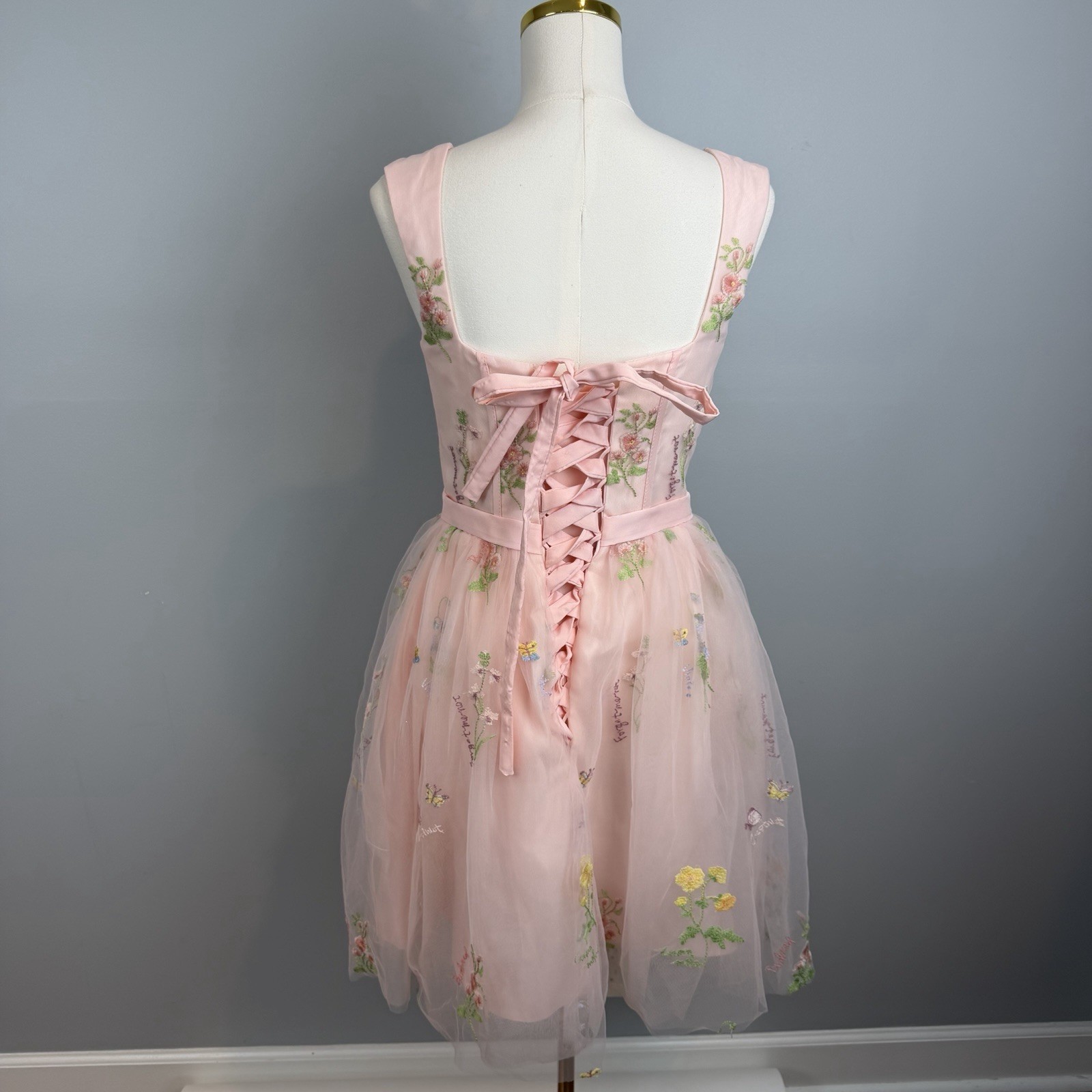 Pink Tulle Mini Dress Fairycore Lace-Up Corset Romantic Embroidered Floral Sz 8