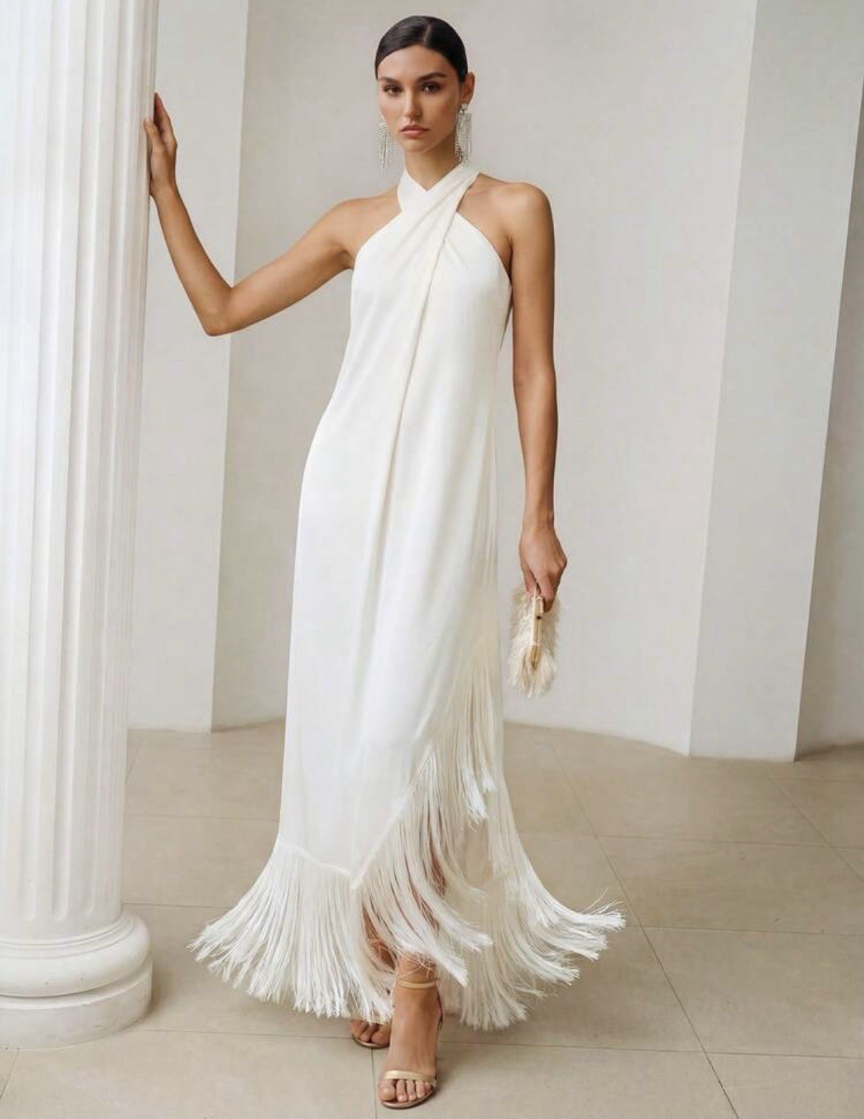 Women’s White Halter Neck Fringe Maxi Dress Elegant Evening Party Wedding Gown